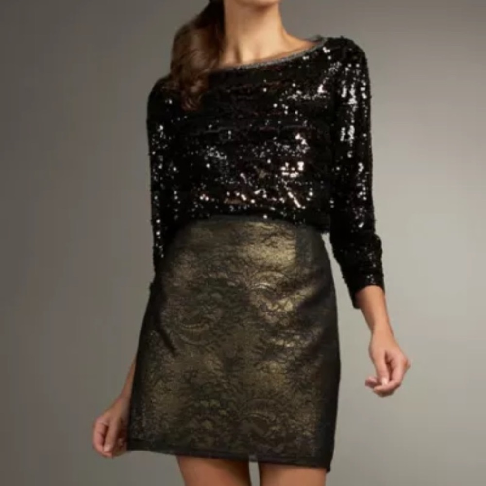 ELIE TAHARI Mini Skirt Gold Black Lace 14